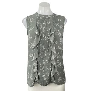 Ann Taylor Women's Green Sleeveless Floral Ruffle Pintuck Tank Blouse Top Size S
